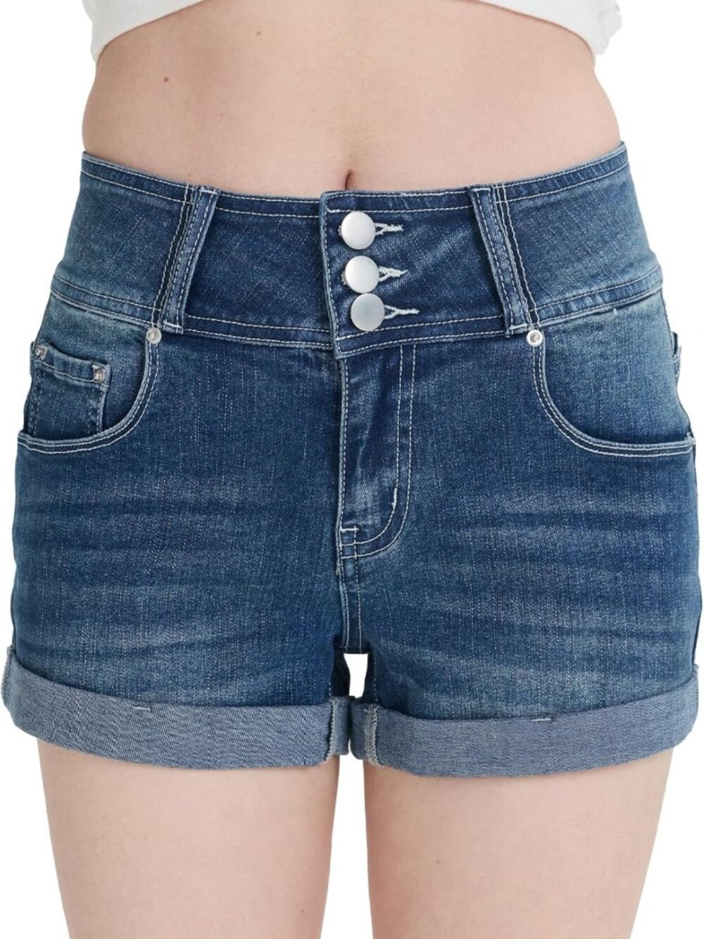 High Waisted Cuffed Denim Shorts - Vintage Wash, Triple Button Fly, High Stretch